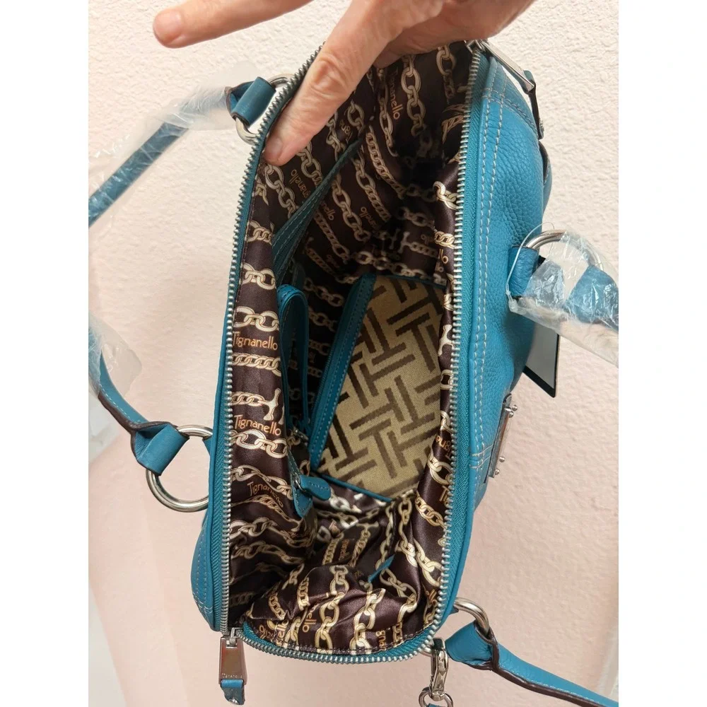 Tignanello Womens Satchel Large Teal Leather Dome Bag Matching Wristlet NWT